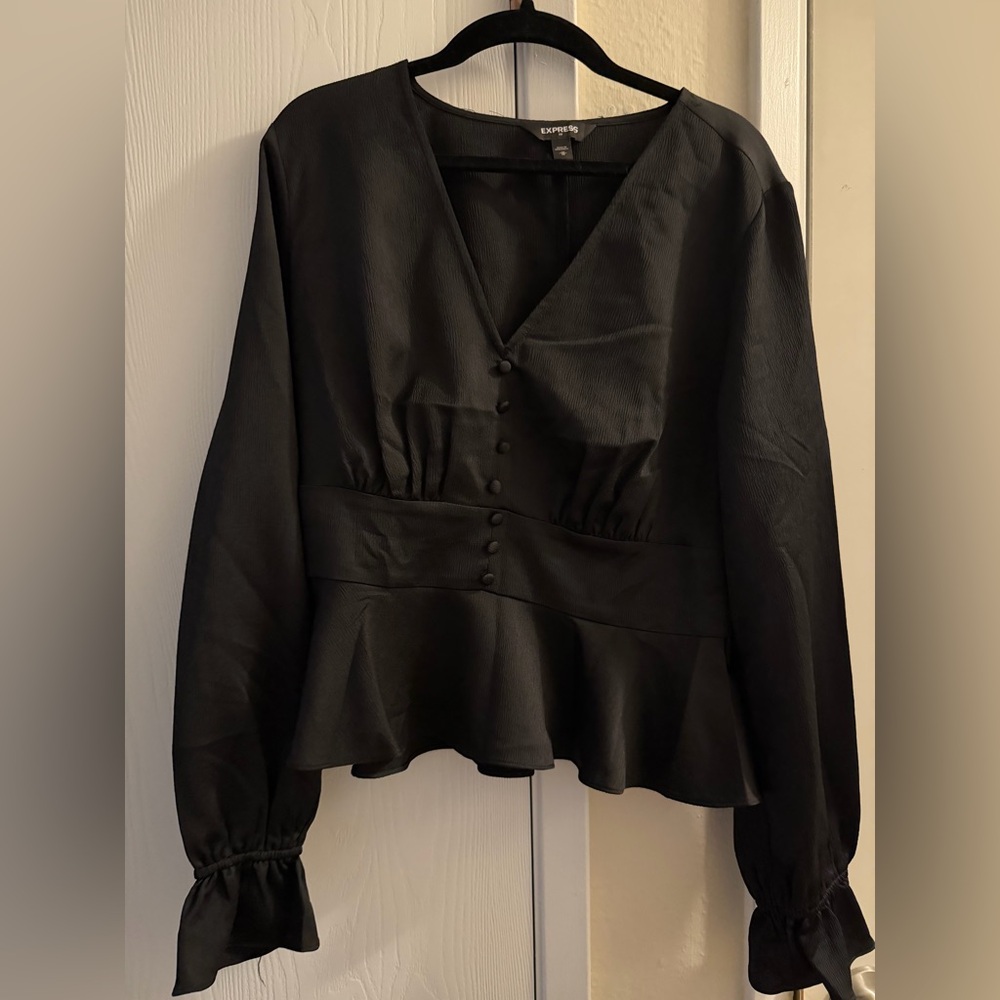 Express Black V-Neck Blouse with Peplum Hem